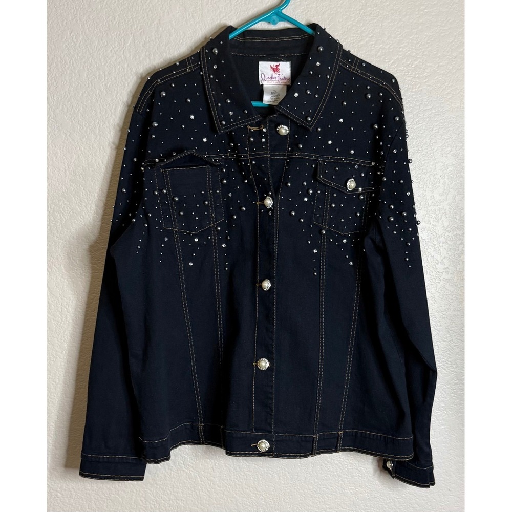 Quacker Factory Womens XL Denim Jacket Black Pearl Rhinestone Embellished Boho
